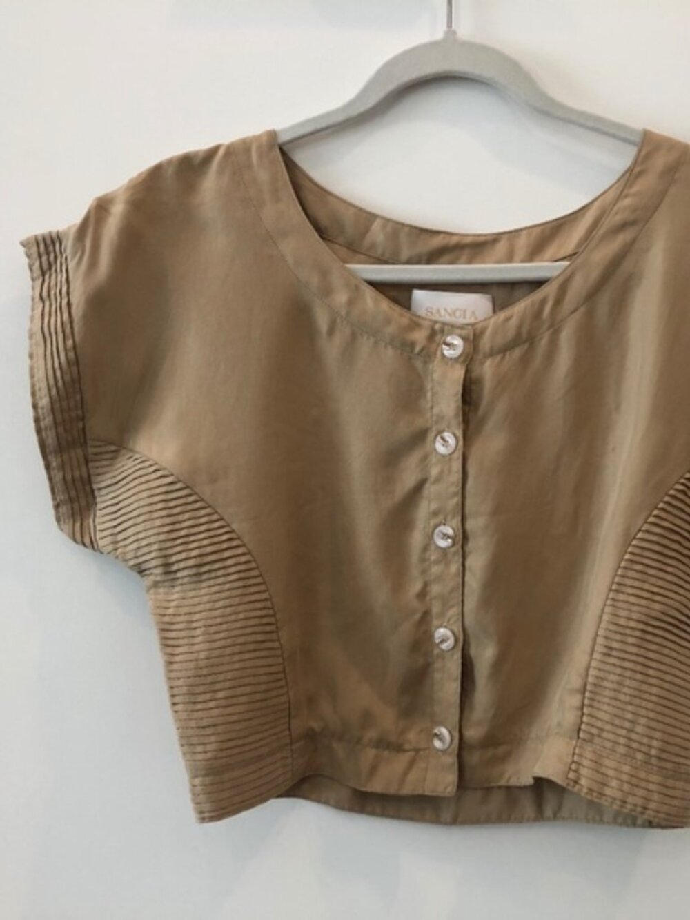 SANCIA Silk Blend Crop Top Khaki Pleated Short Sleeve Blouse S